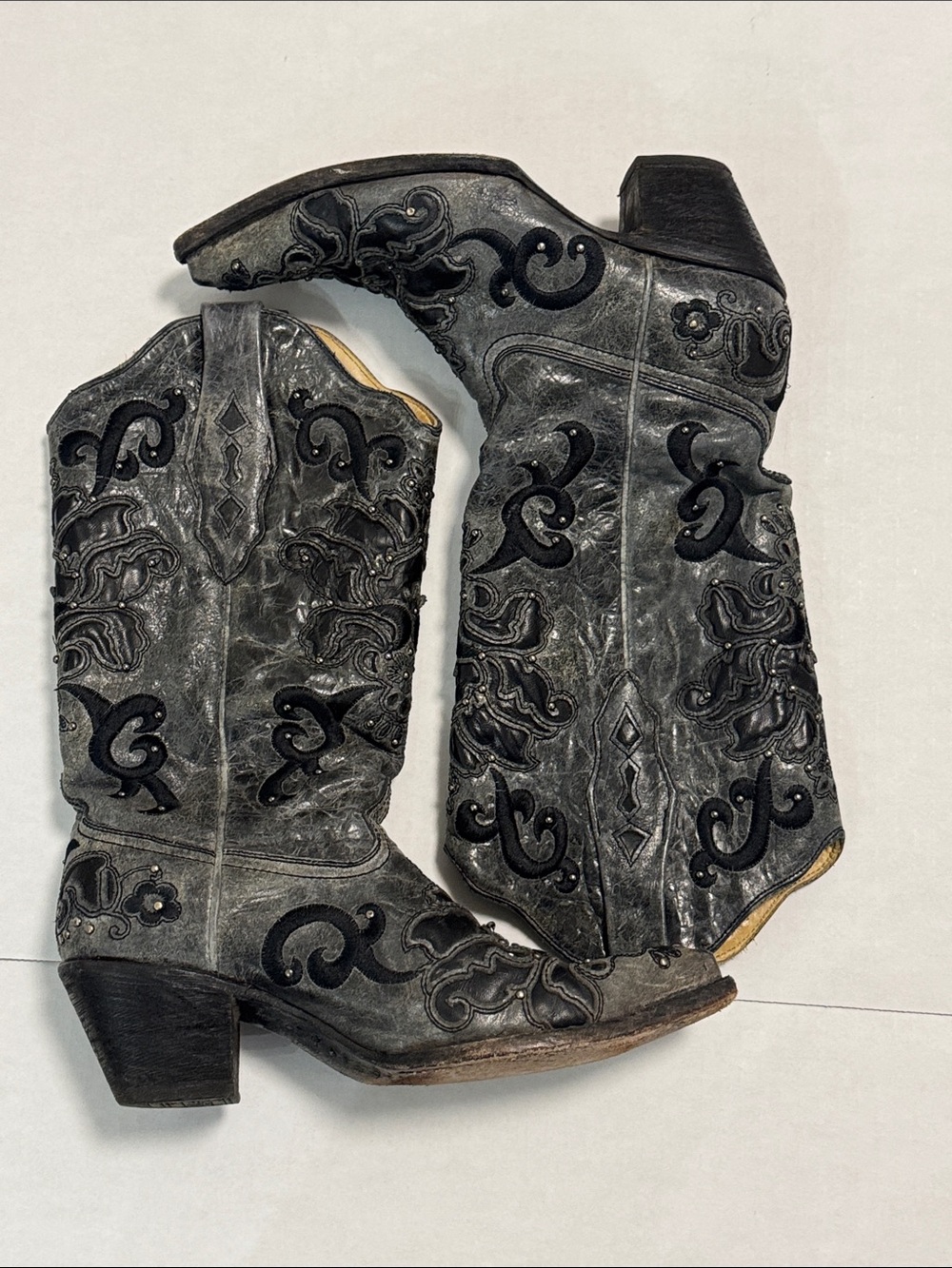 Corral Womens A1102 Black Gray Stud Inlay Leather Cowboy Boots Sz 7